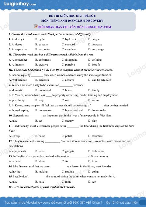 Đề thi giữa kì 2 Tiếng Anh 10 English Discovery - Đề số 8